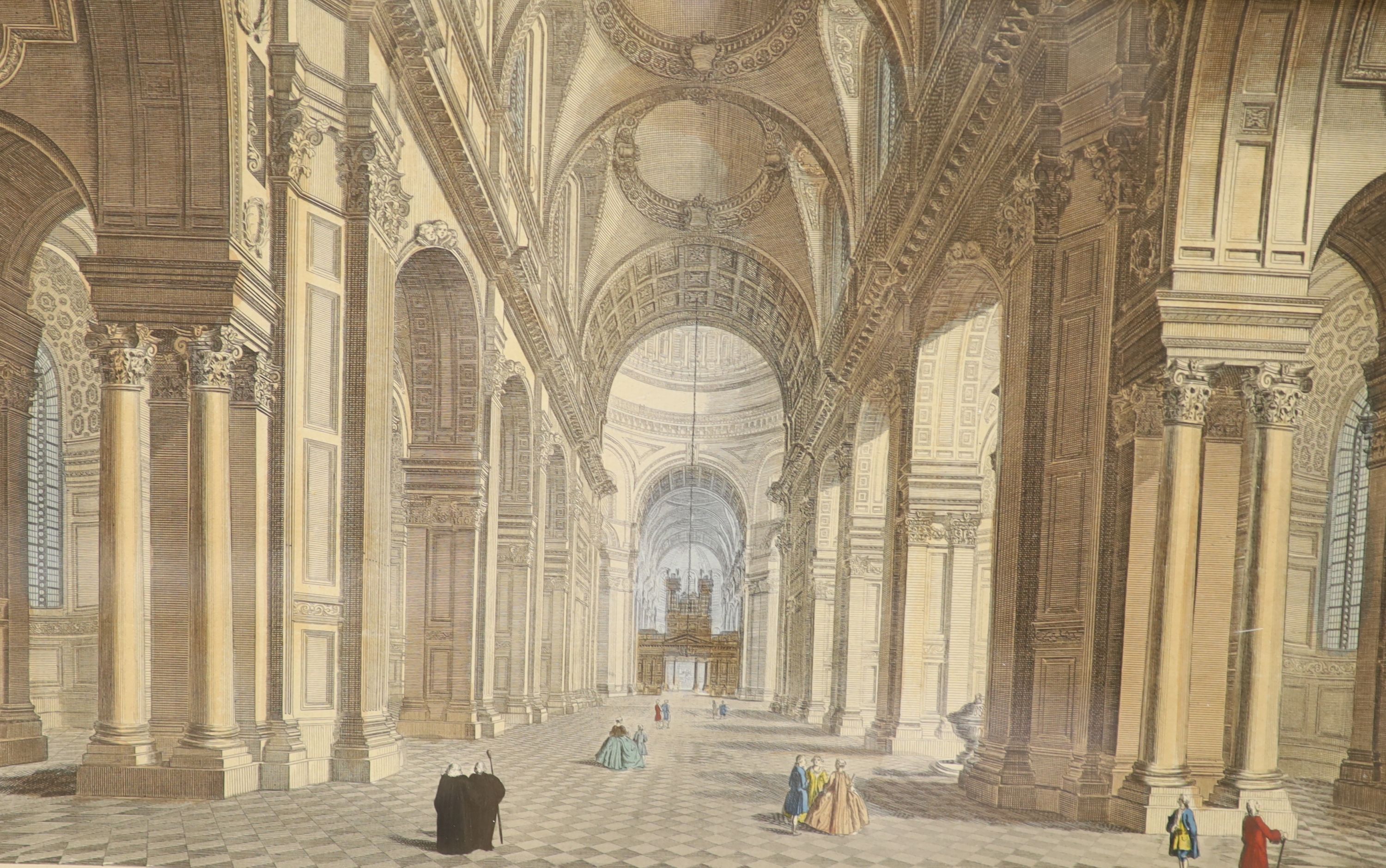Four assorted 18th century hand coloured engravings of St Paul's Cathedral after Cole and Bowles, largest 32 x 43cm